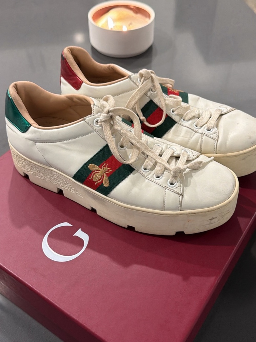 Gucci White Leather Platform Sneakers with Green and Red Web and Gold Bee